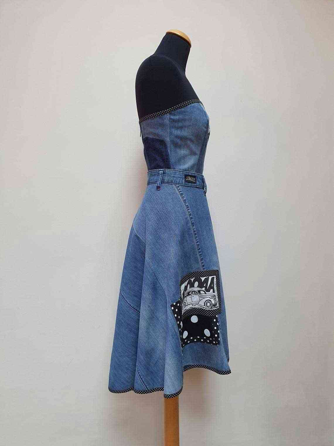 Stylish denim dress made of old jeans
